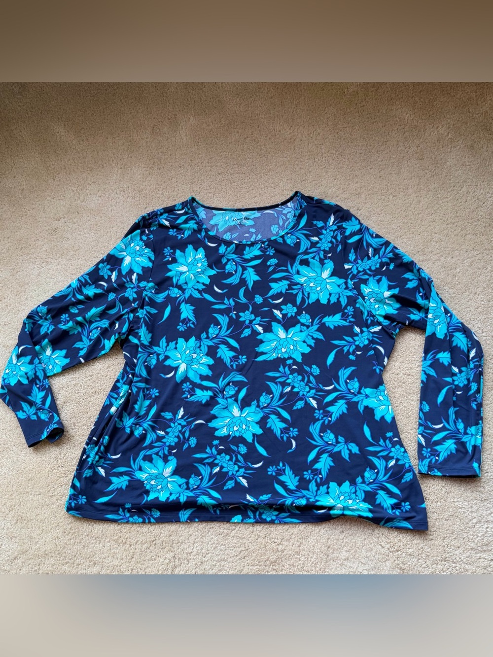 LANDS’ END Blue Floral Swim Long Sleeve UPF Rash Guard - 2X (20W/22W) - EUC